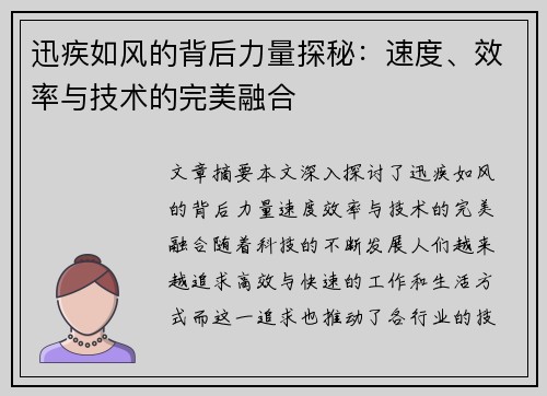 迅疾如风的背后力量探秘：速度、效率与技术的完美融合