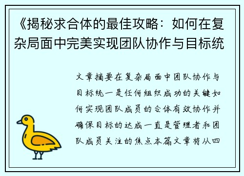 《揭秘求合体的最佳攻略：如何在复杂局面中完美实现团队协作与目标统一》