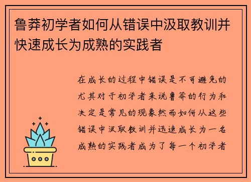 鲁莽初学者如何从错误中汲取教训并快速成长为成熟的实践者 鲁莽初学者如何从错误中汲取教训并快速成长为成熟的实践者